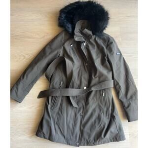 DKNY Womens Faux Fur Hooded‎ Full-Zip Brown Parka Jacket Long Coat Size Medium